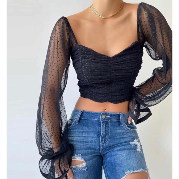 Fashion Nova Tops - 2/$50 FN- Black Sheer Mesh Polka Dot Sleeve Top